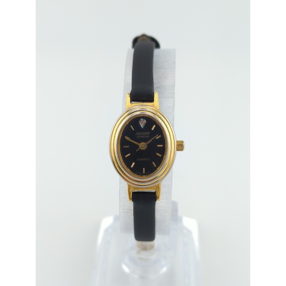 Vintage Nelsonic Diamond Gold Tone Ladies Watch Black Dial 1980s Analog / Quartz